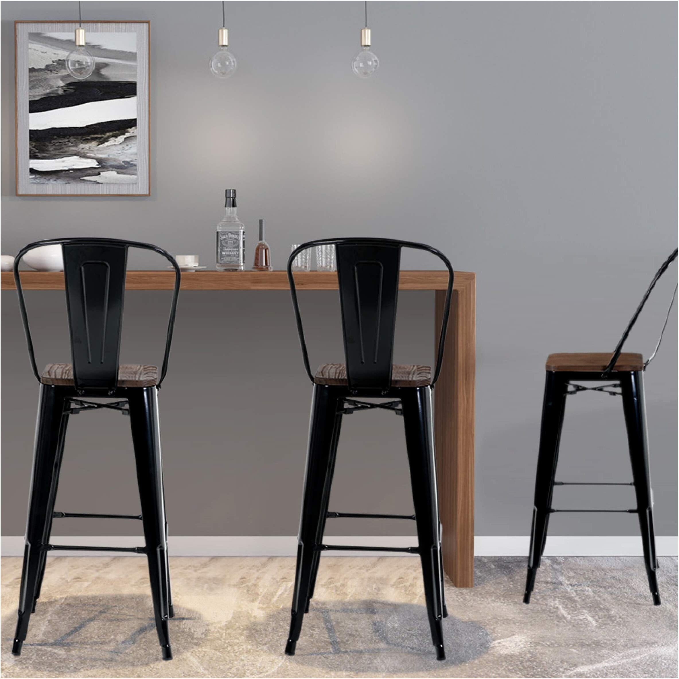 Shop Alpha Home 30 High Back Bar Stools With Wood Seat Vintage Metal Dining Chairs Stackable Industrial Counter Stool Overstock 30573891