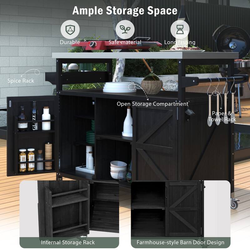 Kitchen Island, Rolling Bar Cart & Storage Cabinet, Farmhouse Solid Wood Outdoor Grill Table