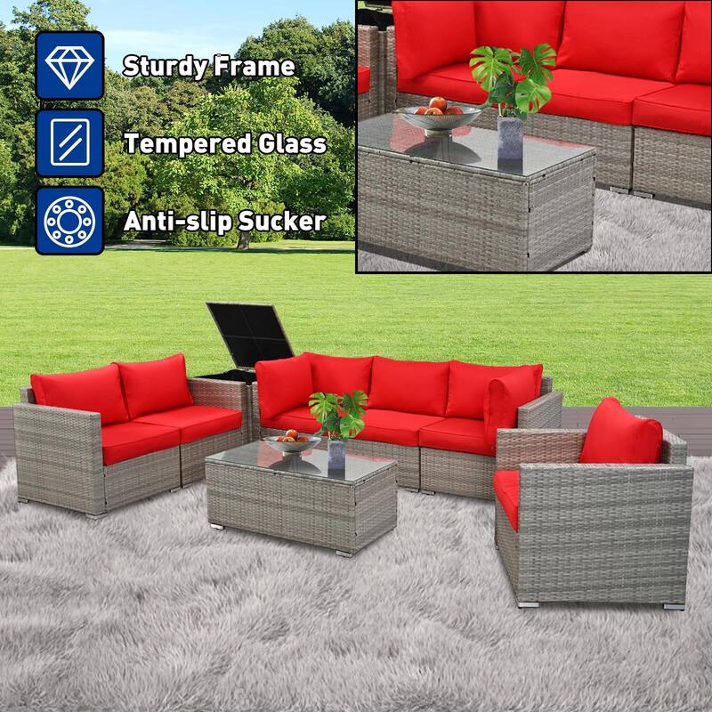 8-Pieces Wicker Outdoor Sectional Set with Glass Coffee Table and Cushions