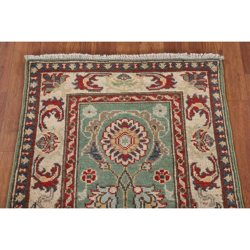 Light Green Kazak Runner Rug Handmade Oriental Wool Carpet - 2'1" x 5'11"