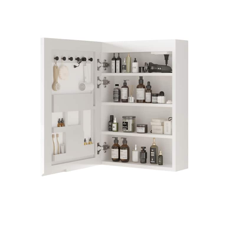 White MDF LED Bathroom Wall Cabinet with Mirror, Shelves and USB Ports - 19.7” x 6.3” x 27.6” - White