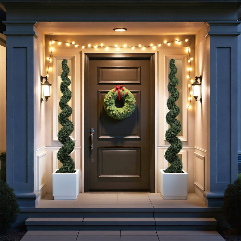 7FT Spiral Topiary Trees Artificial Outdoor Faux Boxwood Plants Large Twisted Green Potted Trees with Dark Green Leaves 1pc/set