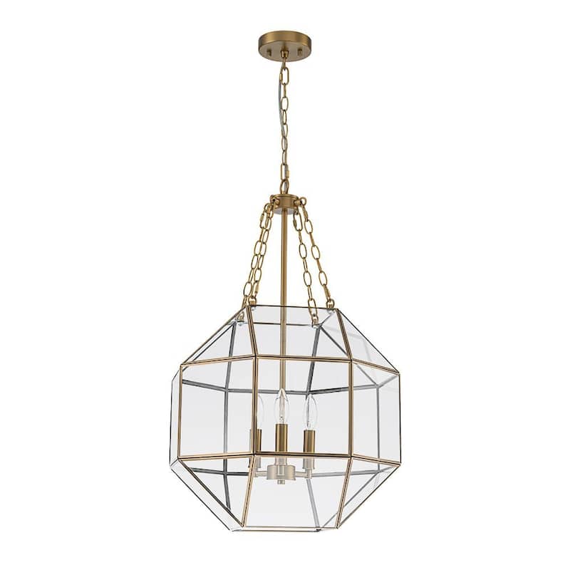 Modern 3-Light Polygonal Cube Clear Glass Metal Lantern Chandelier - 18.1in