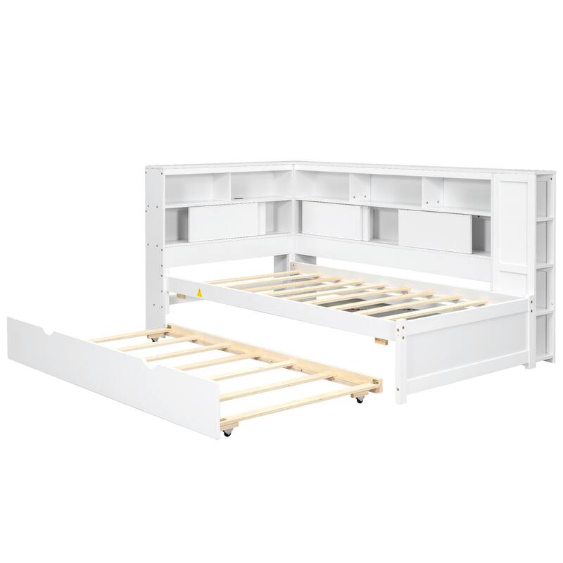 Twin Size Wood Daybed with Storage Shelves, USB Charging Port, Trundle, and White Finish, Perfect for Small Spaces