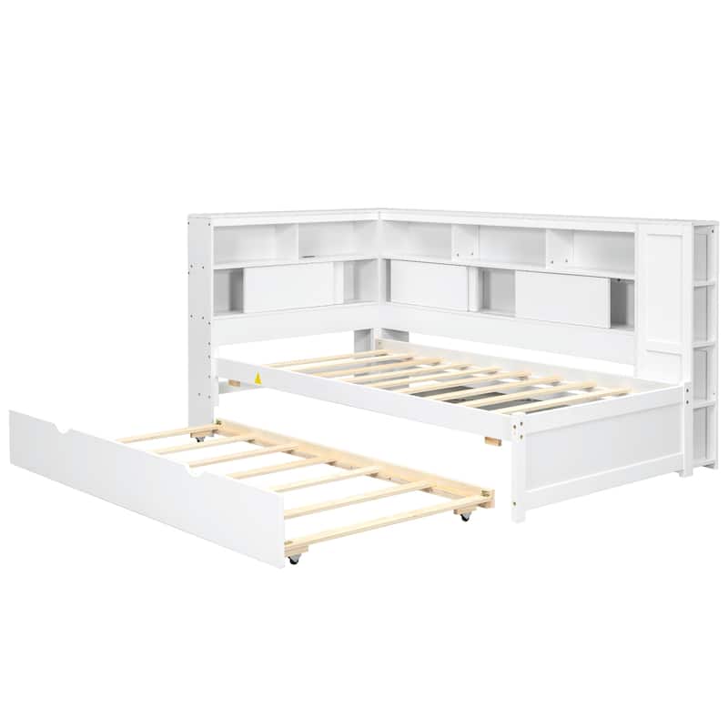 Wood Twin Daybed with Trundle, Built-in Storage Shelves & USB Charging Station