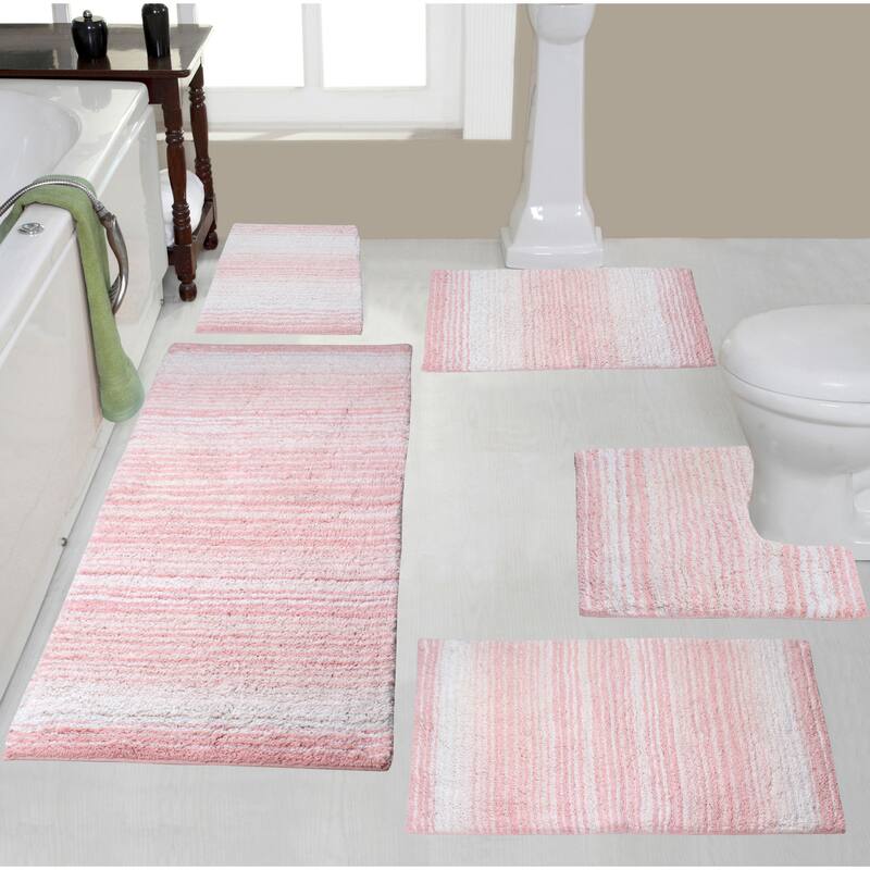 Gradiation Rug Collection 100% Cotton Non-Slip Bathroom Rug Set, Machine Washable Bath Rug, 5 Piece Bath Mat Set with Contour - Pink