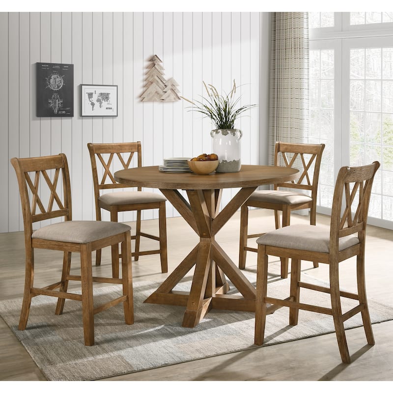 Wood 5-Piece Counter Height Dining Set Round Dining Table Set with Double-X Cut-Out Chair Backs Cross-Buck Pedestal Table Base