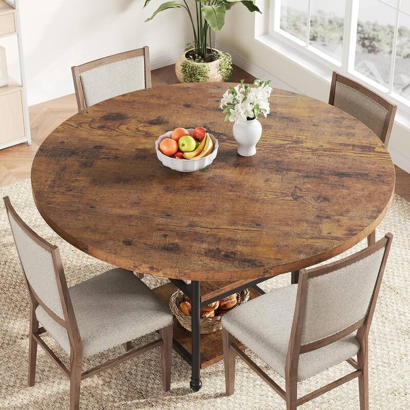 47" Round Dining Table for 4–6, Modern Wood Table with Storage Shelf & Roman Metal Legs, Table Only