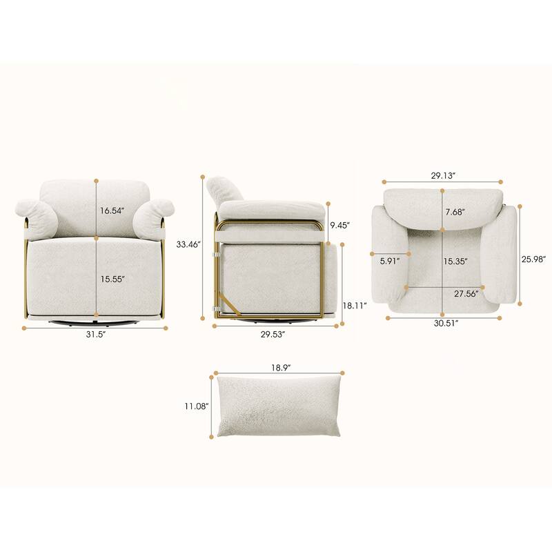 360 Degree Swivel Fluffy Fabric Accent Chair with Gold Metal Legs Beige Comfortable Upholstered Reading Armchair