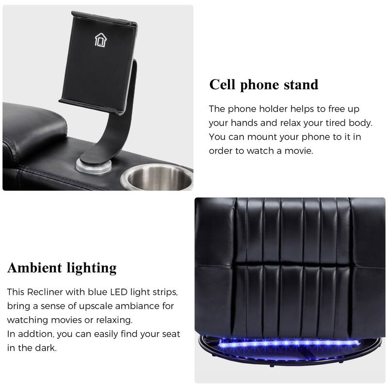 270° Swivel Home Theater Seat with LED Lights, Hidden Arm Storage, Tray Table & Phone Stand, Cup Holders, USB Port