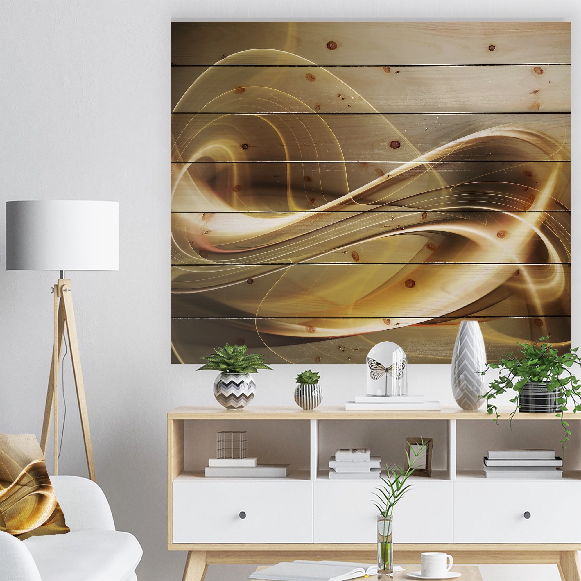 Designart 'Elegant Modern Sofa' Abstract Art Print on Natural Pine Wood - Gold