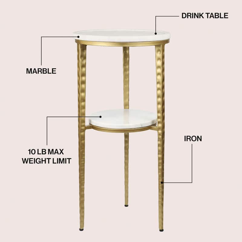 Seraphina 24.75″ 2‑Tier Metal Frame Drink & End Table w/ White Marble Round Top, By JONATHAN Y