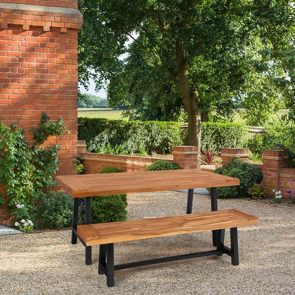 slide 1 of 7, 2-Piece Patio Wooden Dining Set,1 Wooden Table and 1 Wooden Bench 2-Piece Sets