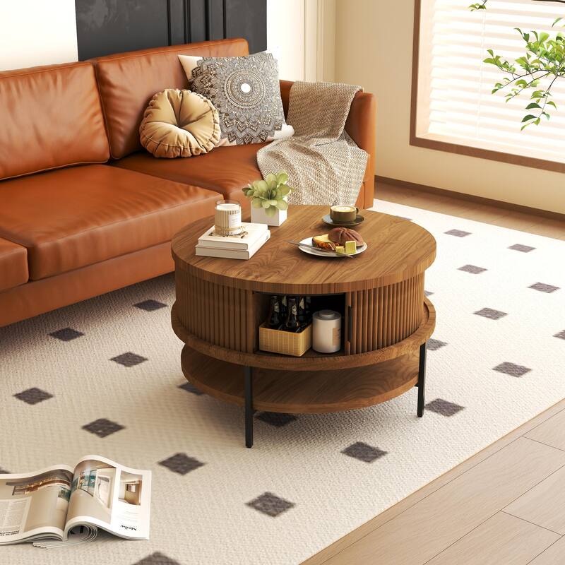 Flip-Top Round Coffee Table with Storage for Living Room, 31.5" Farmhouse Style Center Table with Sliding Doors