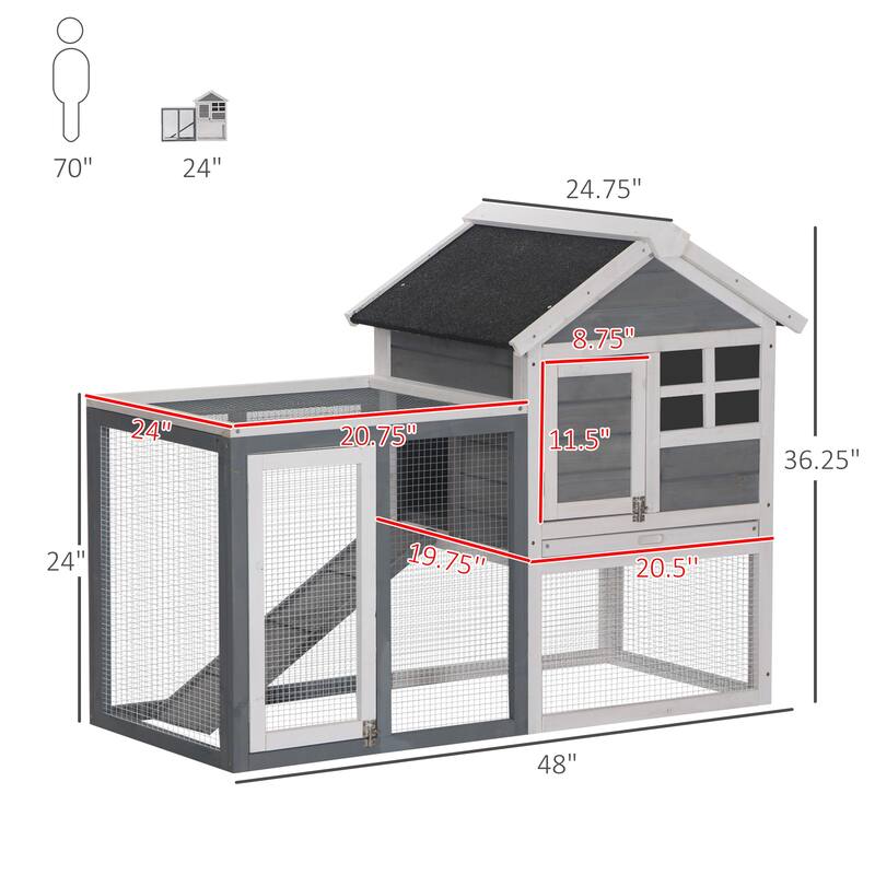 PawHut 48" Wooden Rabbit Hutch Bunny Cage with Waterproof Asphalt Roof, Fun Outdoor Run, Removable Tray and Ramp