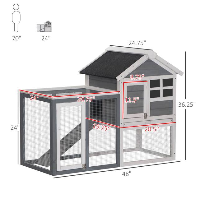 PawHut 48" Wooden Rabbit Hutch Bunny Cage with Waterproof Asphalt Roof, Fun Outdoor Run, Removable Tray and Ramp