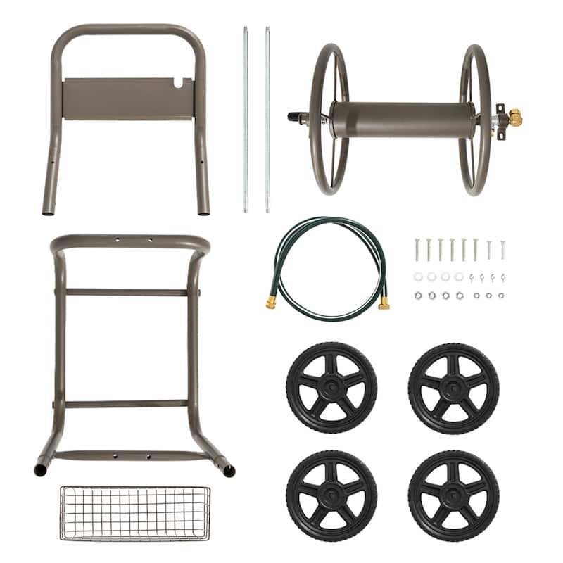 Glitzhome 36"H Steel Garden 4-Wheel Reel Cart with Hose