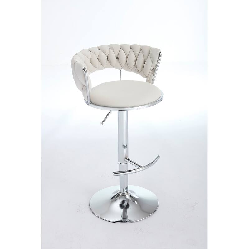 Set of 2 Bar Stools, with Chrome Footrest and Base, Swivel, Height Adjustable Mechanical Lifting, Velvet Upholstered