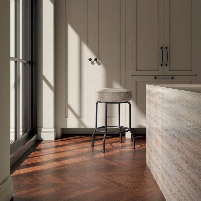 NADAAL STUDIOS Loric Swivel Counter Stool, Round Upholstered Seat with Finial Legs and Piping Detail, Light Brown