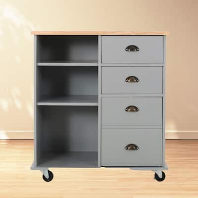 Multi-Functional Kitchen Cart with 2 Drawers, Cabinet, and Shelves - Rubberwood Top and Locking Wheels
