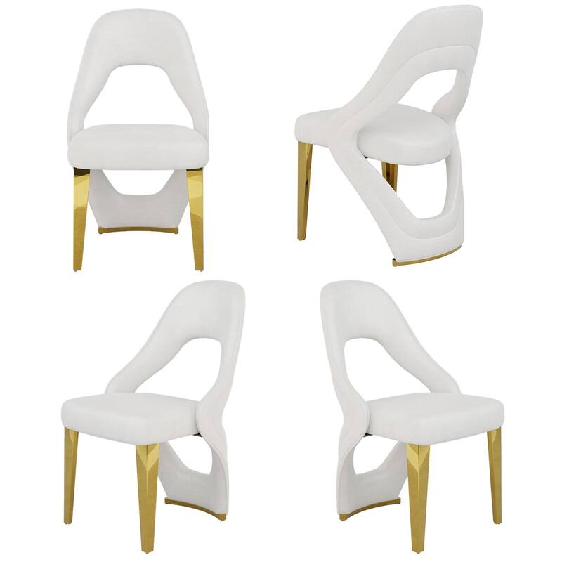Velvet Dining Chairs with Open Back and Polished Metal Legs - White - Set of 4