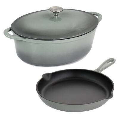 MegaChef 7qt Enamel Cast Iron Casserole and 10.25 Inch Skillet in Gray