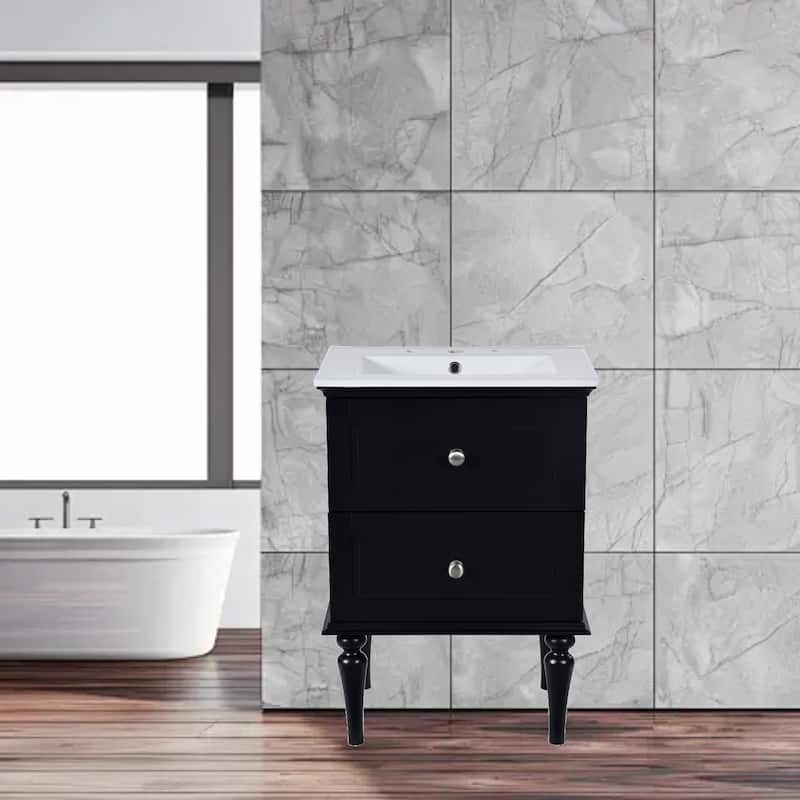 24-Inch Bathroom Vanity with Ceramic Sink, 2 Drawers, Solid Rubber Wood Cabinet, Modern Style - Black