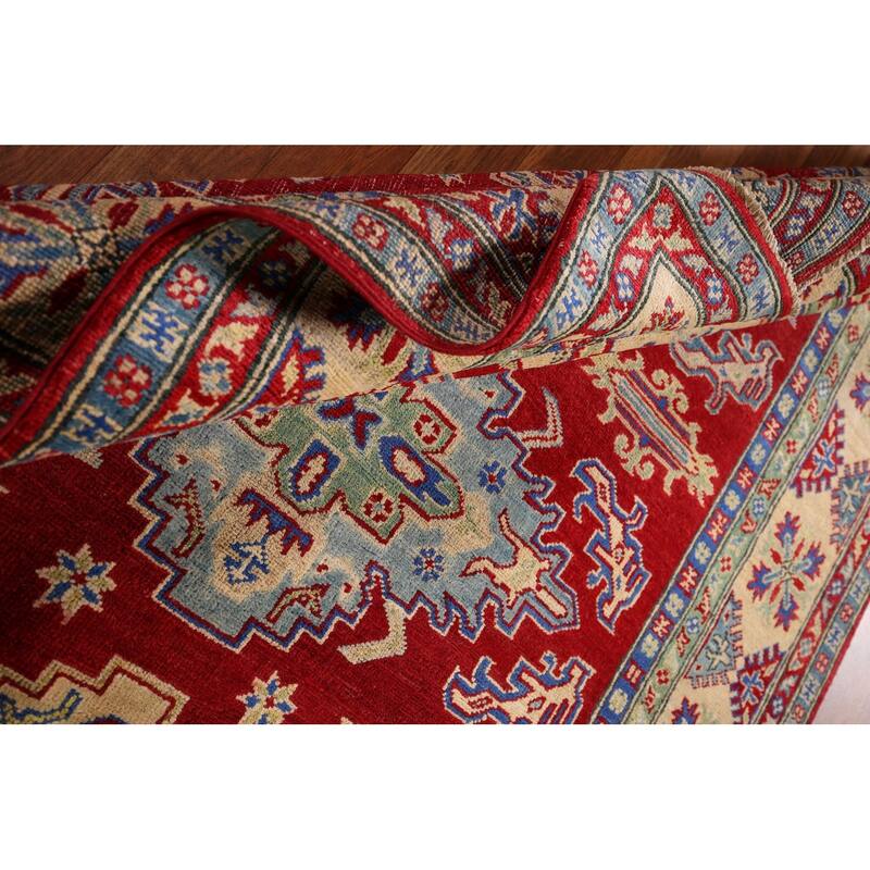 Geometric Red Kazak Rug Handmade Oriental Wool Carpet - 5'1" x 6'9"