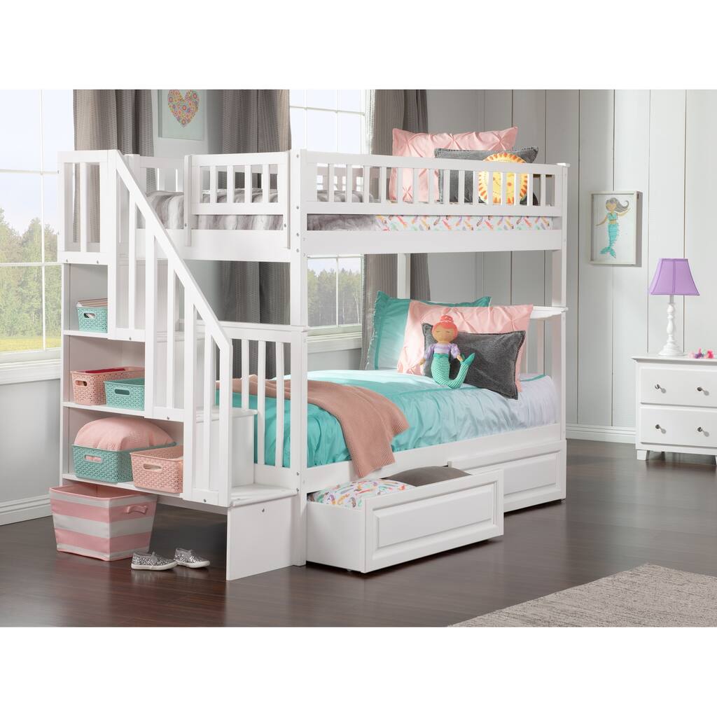 Woodland Staircase Bunk Bed Twin over Twin with 2 Drawers in White
