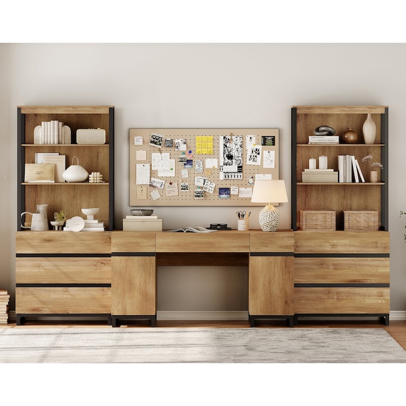 WAMPAT 59" Executive Desk with Charging Station & Storage Cabinet + 72" Tall Bookcase with 6 Drawers.