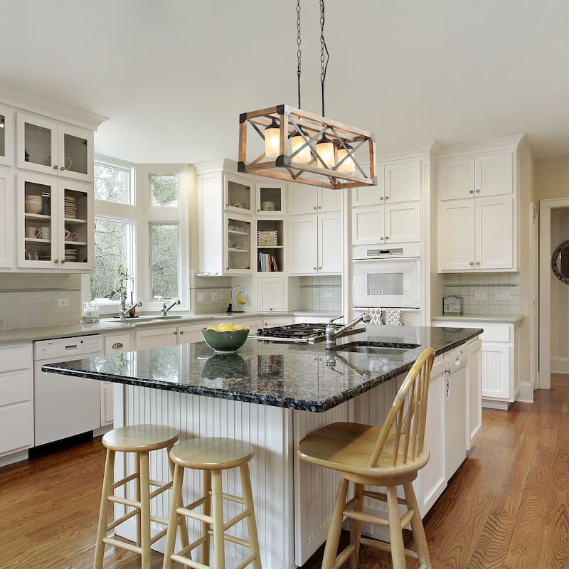 Farmhouse Rustic 4-Light Chandelier Wood Linear Island Lights