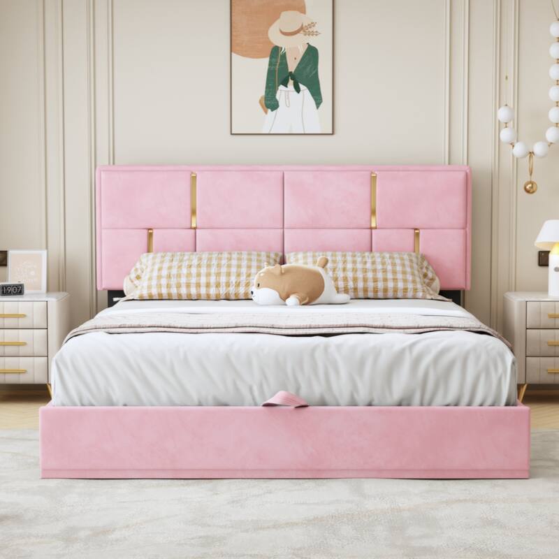 Queen Size Upholstered Platform Bed with Hydraulic Storage System