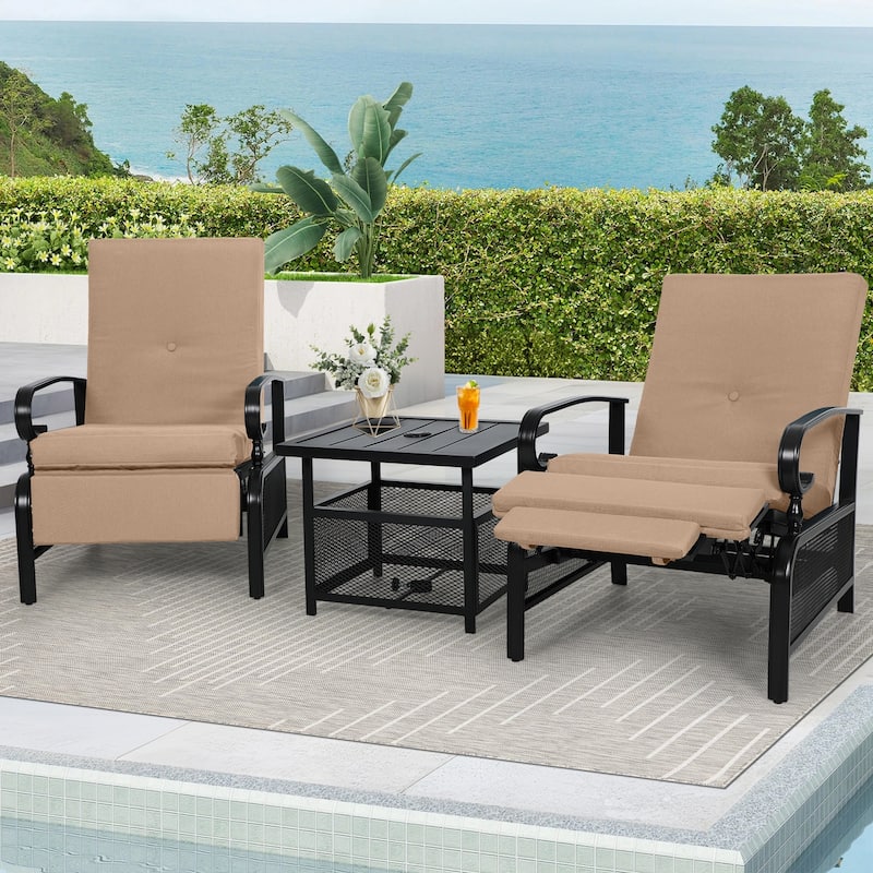 Outdoor Metal Patio Adjustable Recliner Lounge Chair & Bistro Table Set, Retractable Steel Frame and Removable Thick Cushion - Brown+Table
