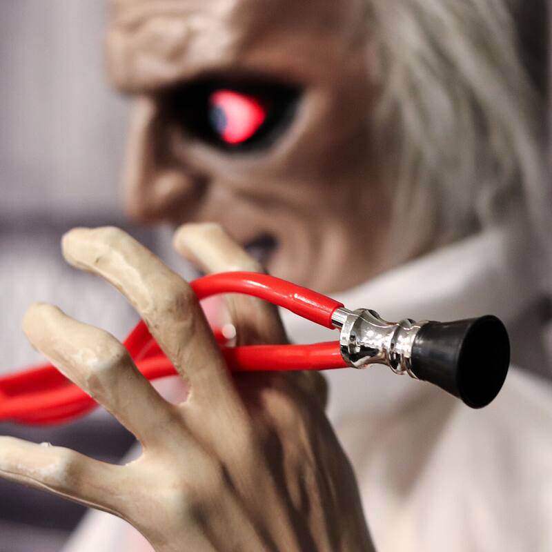 Haunted Hill Farm 5.4-Ft. Animatronic Doctor, Indoor/Covered Outdoor Halloween Decoration, Red LED Eyes, Laughing