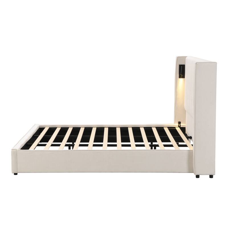 Beige Upholstered Bed Frame with High Wingback Headboard, Reading Lamp and USB Port, Low-Profile Platform Bed for Bedroom