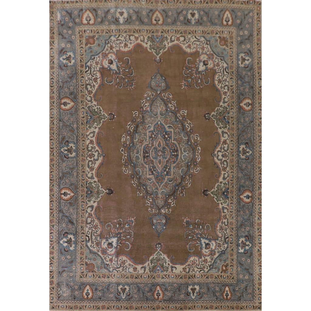 Brown Over Dyed Tabriz Persian Vintage Rug Handmade Wool Carpet - 9'3"x 12'7"
