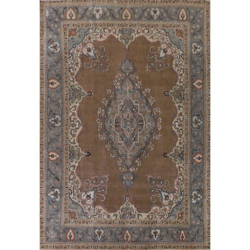 Brown Over Dyed Tabriz Persian Vintage Rug Handmade Wool Carpet - 9'3"x 12'7"