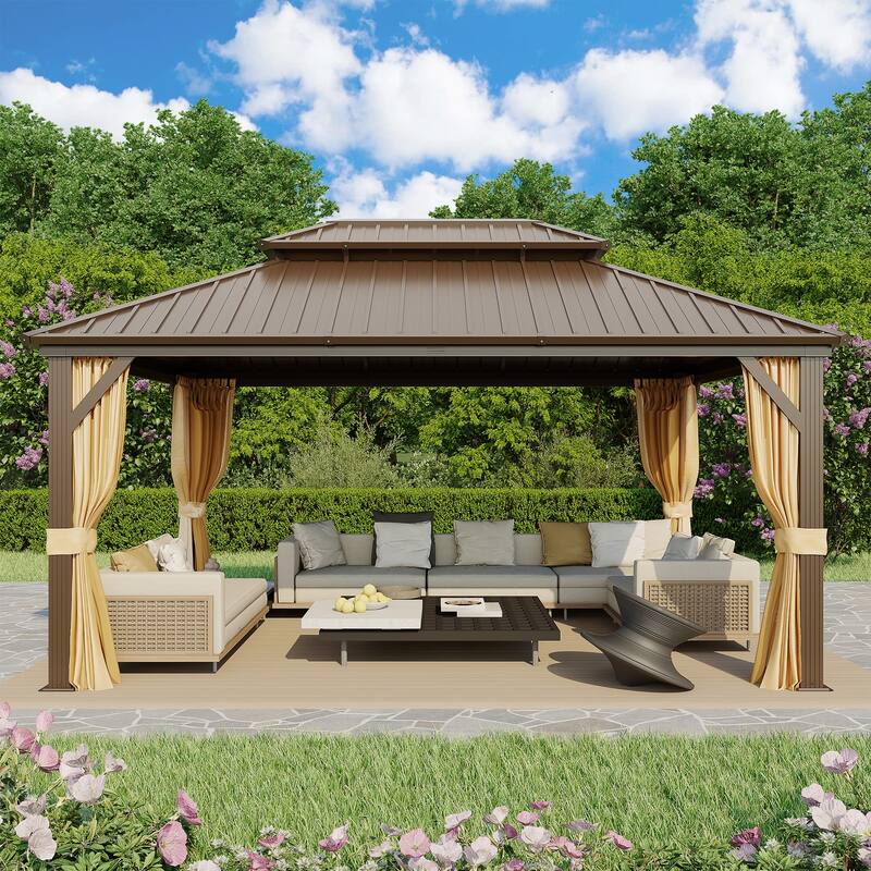 12 x 16 Outdoor Gazebo with Aluminum Frame and Double Roof, Permanent Hardtop Gazebo Includes Curtains&Netting