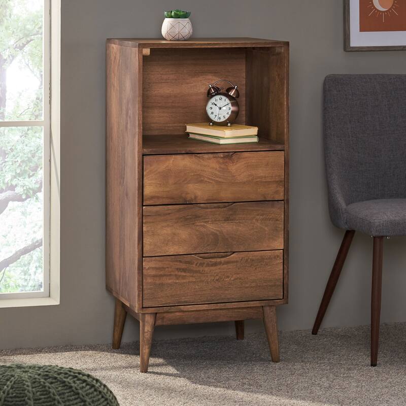 20" Rustic Wood Nightstand with 3 Drawers and Open Storage - Oak