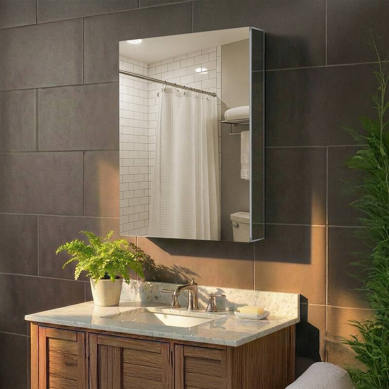 Bathroom Medicine Cabinet, Aluminum, Recessed/Surface Mount, Right/Left Hinged, Mirrored Interior - 15 X 24