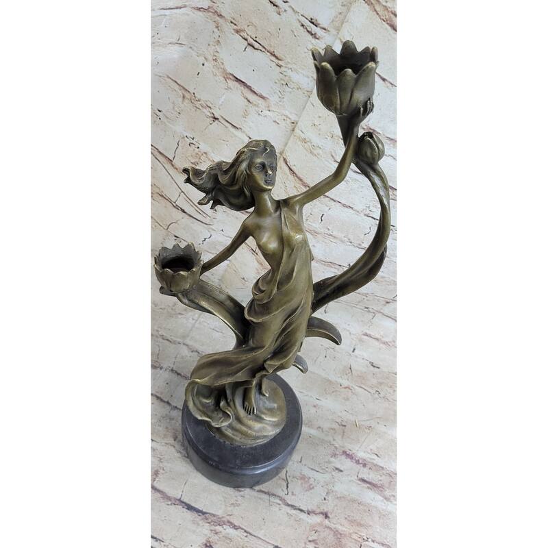 Handcrafted Wood Nymph Bronze Candleholder Sculpture Hot Cast Marble Base Figure