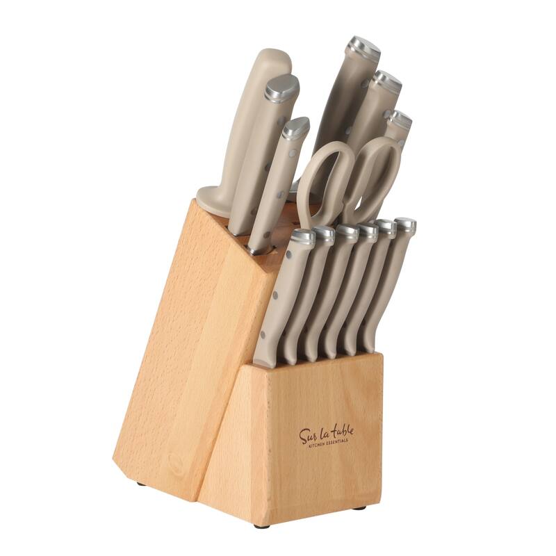 Sur La Table Kitchen Essentials 14 Piece Cutlery Set, German Steel Forged Knives, Beech Wood Block - Taupe