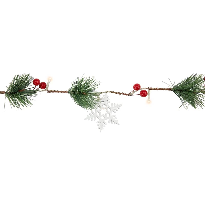 Pre-Lit B/O Pine Berry and Snowflake Christmas Garland - 6' - Warm White LED Lights
