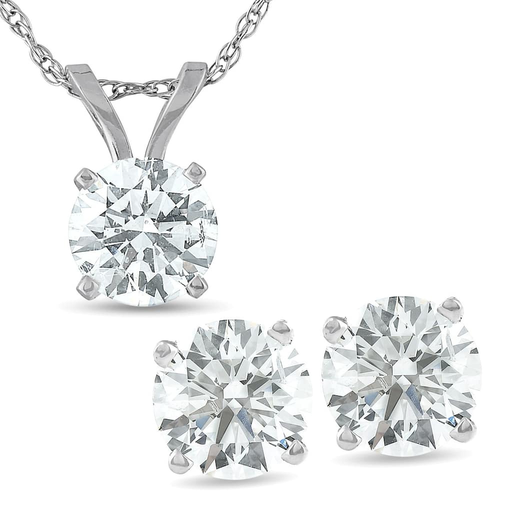 Bliss Diamond 2 Cttw Round Cut Diamond Solitaire Necklace & Screw Back Stud Earrings Set White Gold