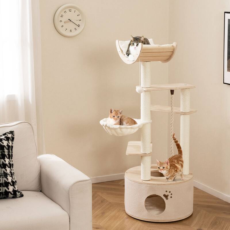 Gymax 55.5'' Tall Wooden Cat Tree for Indoor Cats w/Condo Curved Perch