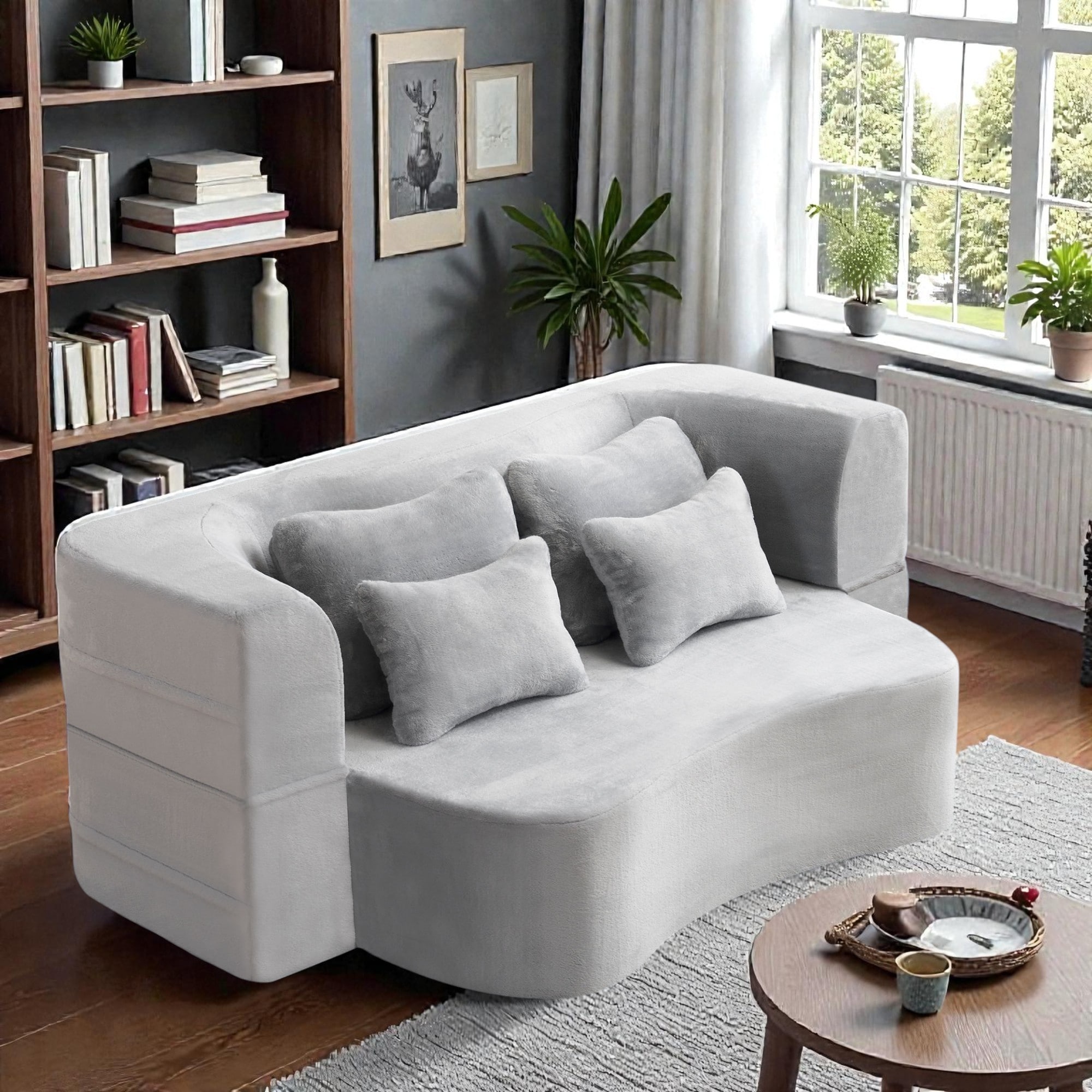 Queen Size Floor Sofa Futon with 4 Pillows, Modern Folding Mattress Couch, Plush Fabric No Assembly