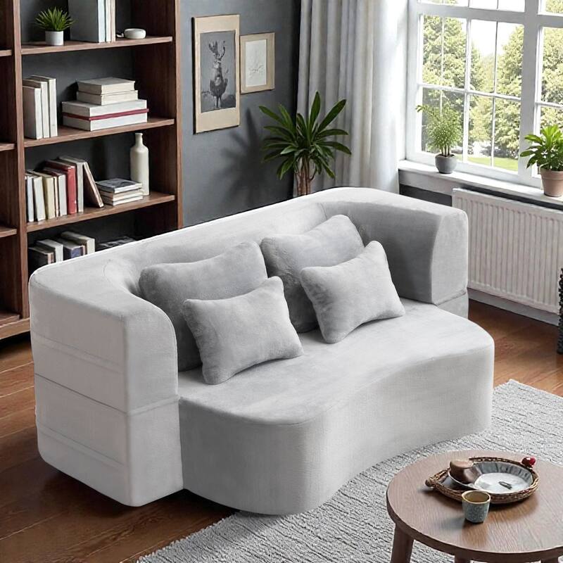 Queen Size Floor Sofa Futon with 4 Pillows, Modern Folding Mattress Couch, Plush Fabric No Assembly - Grey