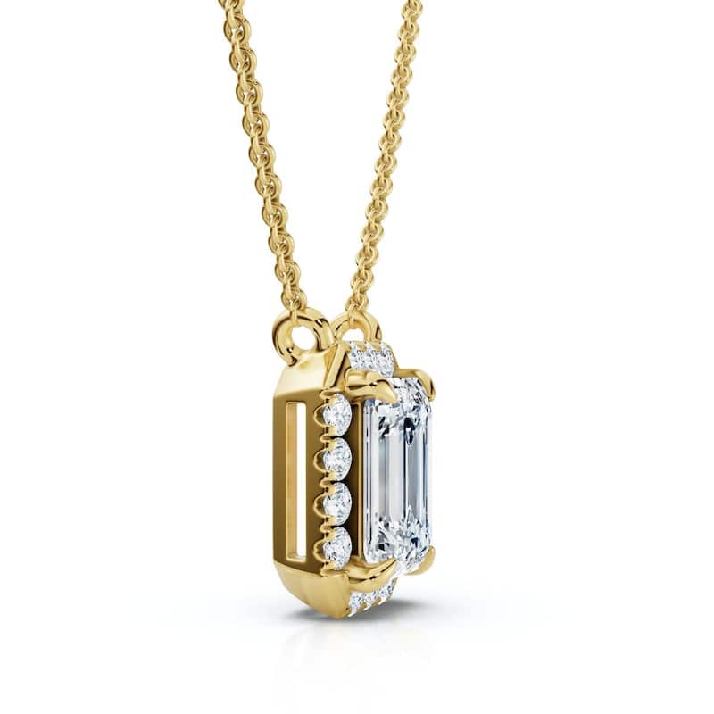 Bliss Diamond 3/4Ct Emerald Cut Diamond Halo Pendant Gold 18" Necklace Lab Grown EF/VS - Yellow