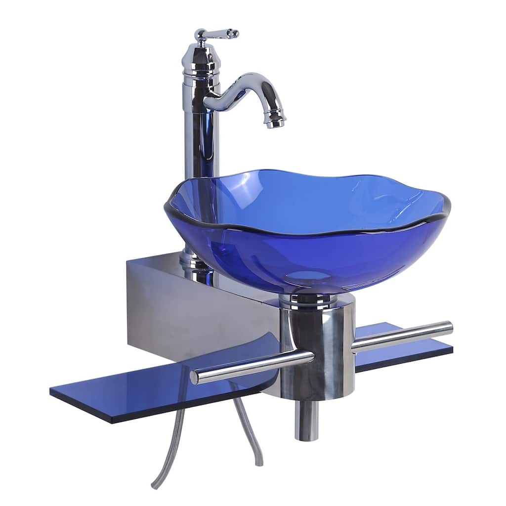 23.25" Blue Tempered Glass Wall Mount Bathroom Sink with Chrome Faucet, Pop Up Drain and Towel Bar