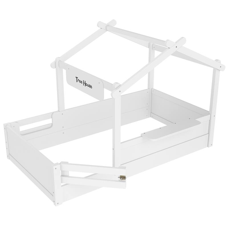 Roomfitters House Floor Bed with Guardrails and Roof, Solid Wood Frame with Tray and Signboard